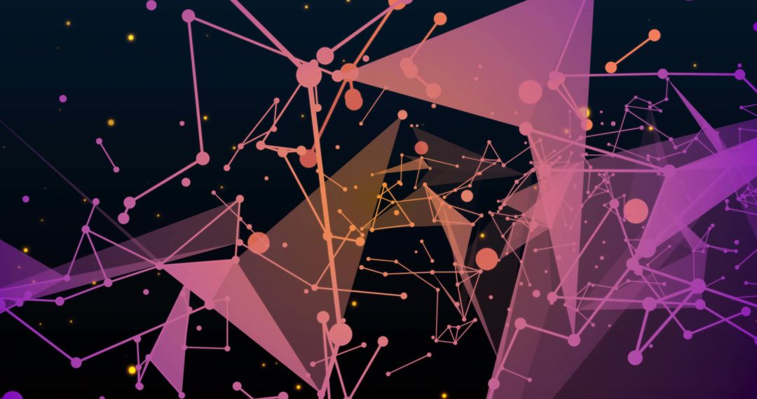 Glowing neon network forming polygonal nodes, connecting lines, gradient particles, digital depth