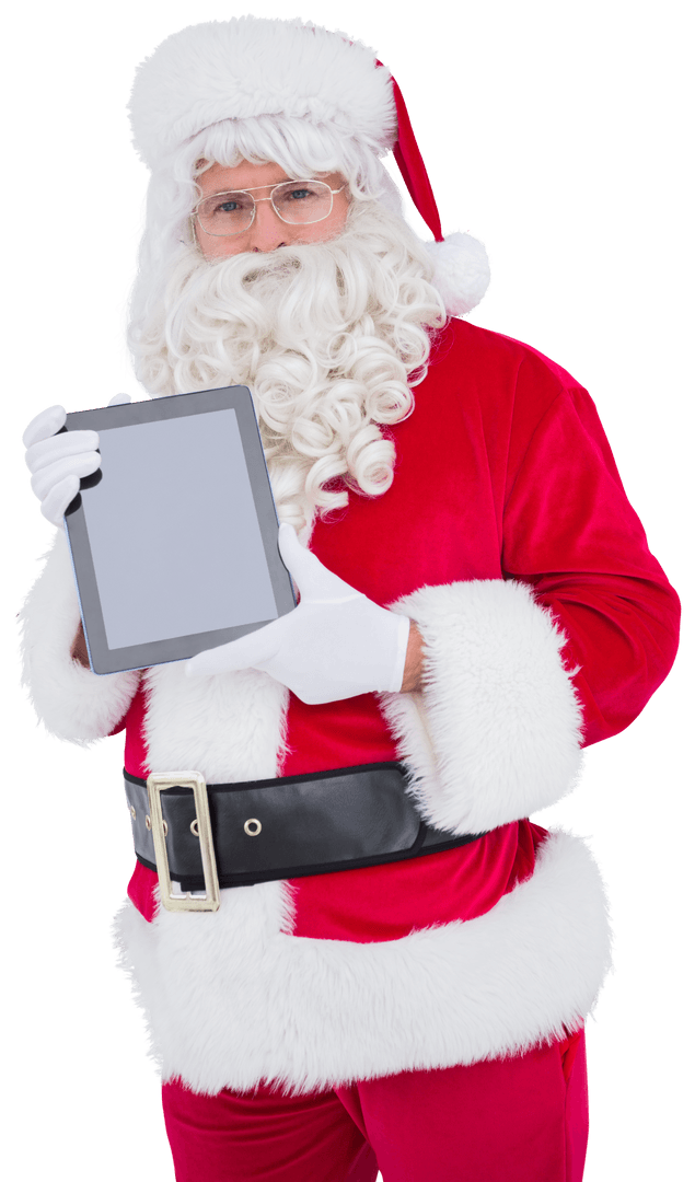 Smiling Santa Presenting Blank Digital Tablet Mockup Transparent Background