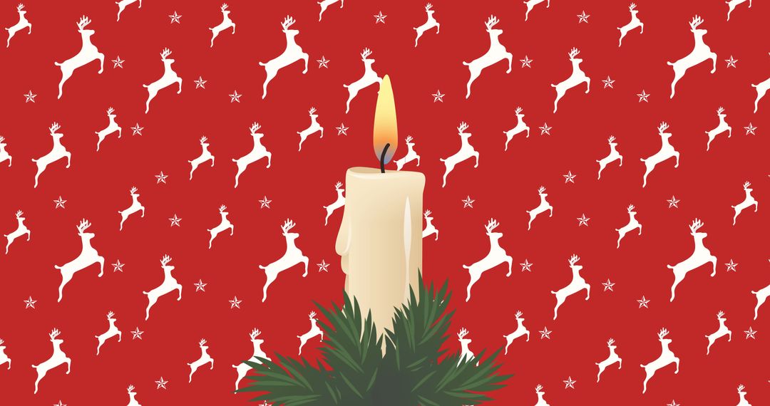 Festive Candle with Reindeer Pattern on Red Christmas Background