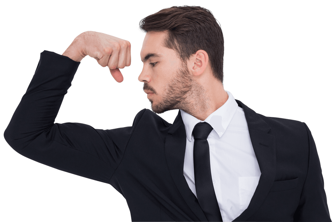 Confident Businessman Flexing Transparent Arm Muscle Display