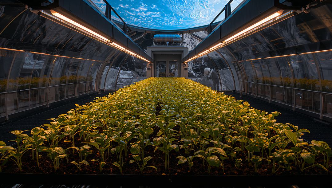 Futuristic hydroponic grow tunnel with rows of seedlings under warm LED lights and dome sky