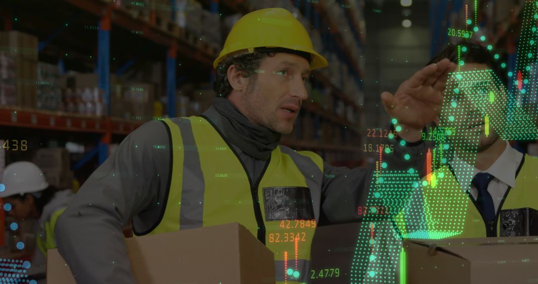Warehouse Workers Managing Inventories with Technology Interface