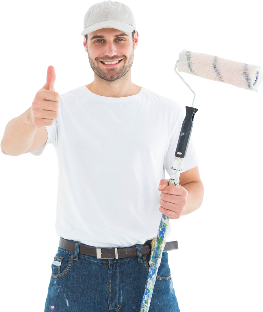 Happy Painter Gesturing Thumbs Up Holding Roller Brush - Transparent - Download Free Stock Images Pikwizard.com