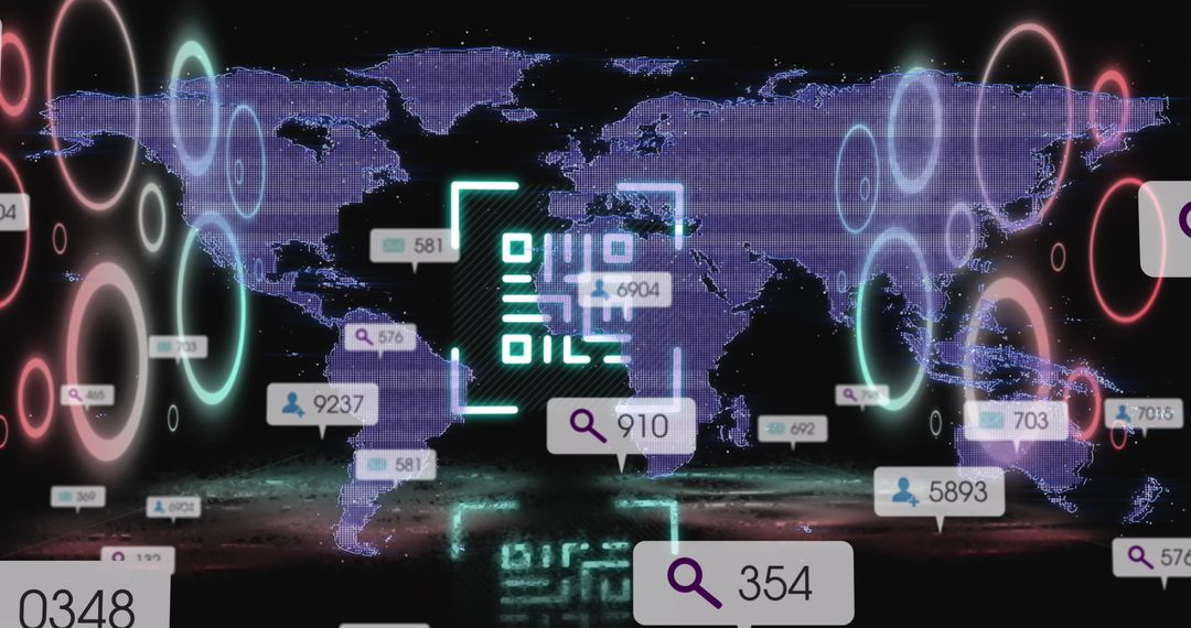 Neon QR Code and Social Media Icons on Global Digital Map