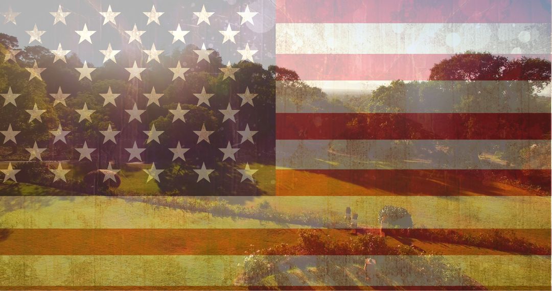 American Flag Blended with Lush Green Landscape Background
