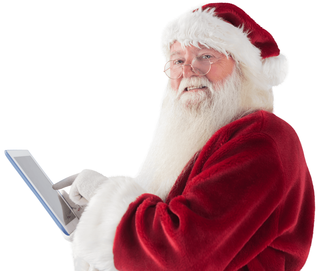 Transparent Santa Claus Using Tablet with Bright Smile