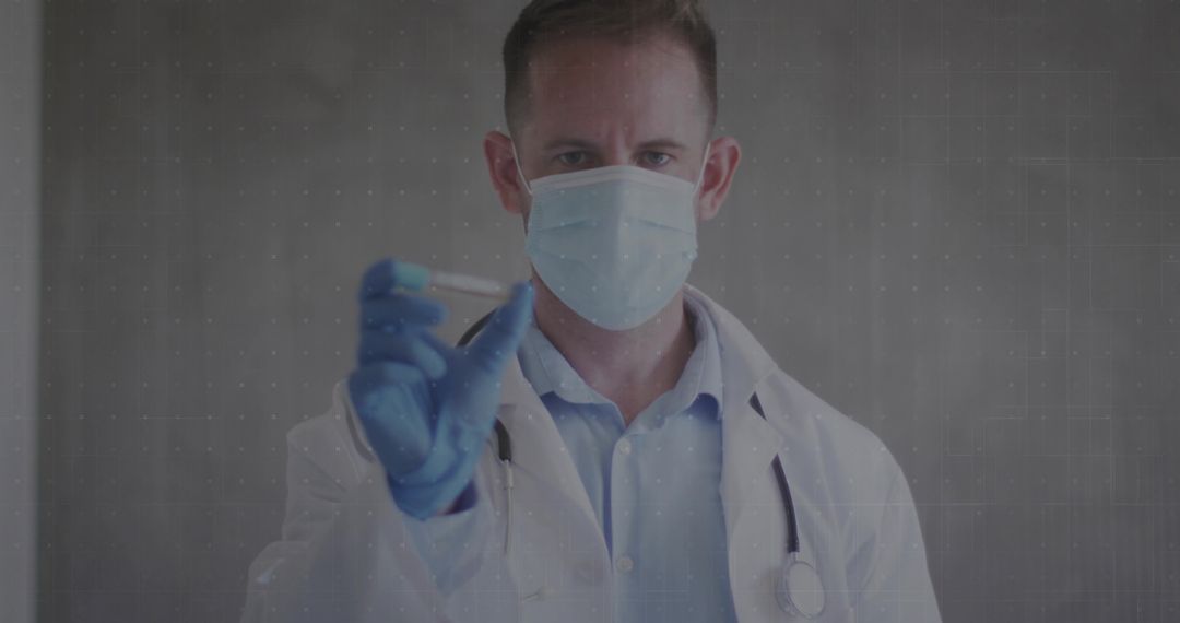 Doctor Holding Test Tube in Clinical Lab with Mask and Stethoscope