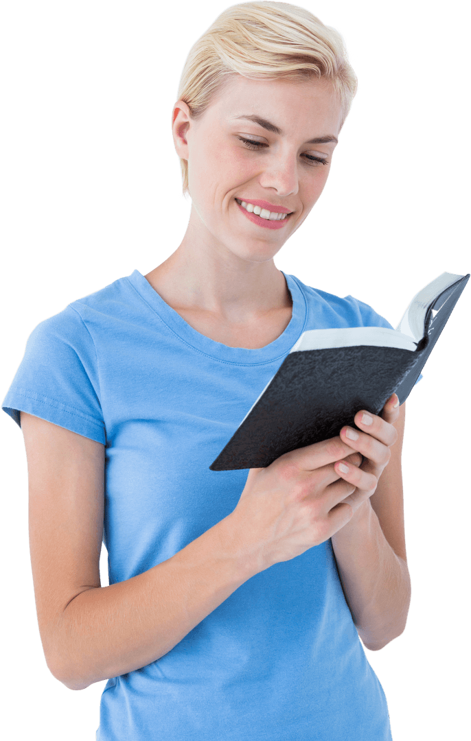 Smiling Woman in Blue Reading Transparent Book