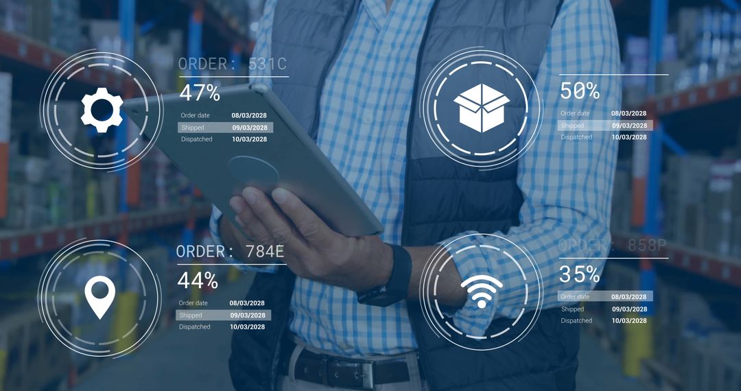 Warehouse Worker Analyzing Digital Order Status on Tablet in Storage Aisle