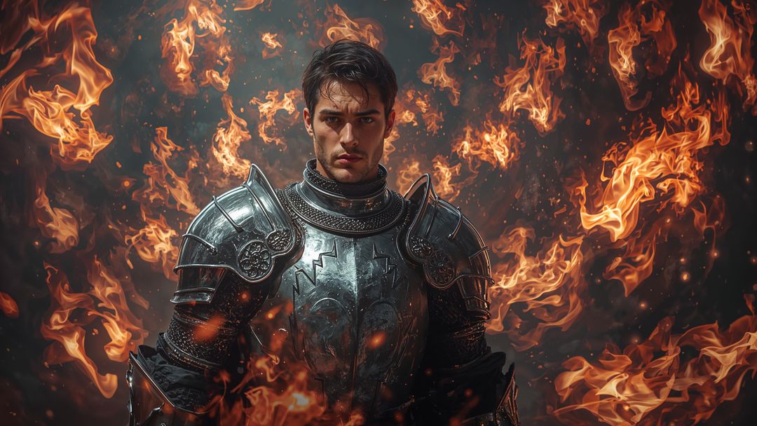 Heroic Medieval Knight Surrounded by Fiery Flames