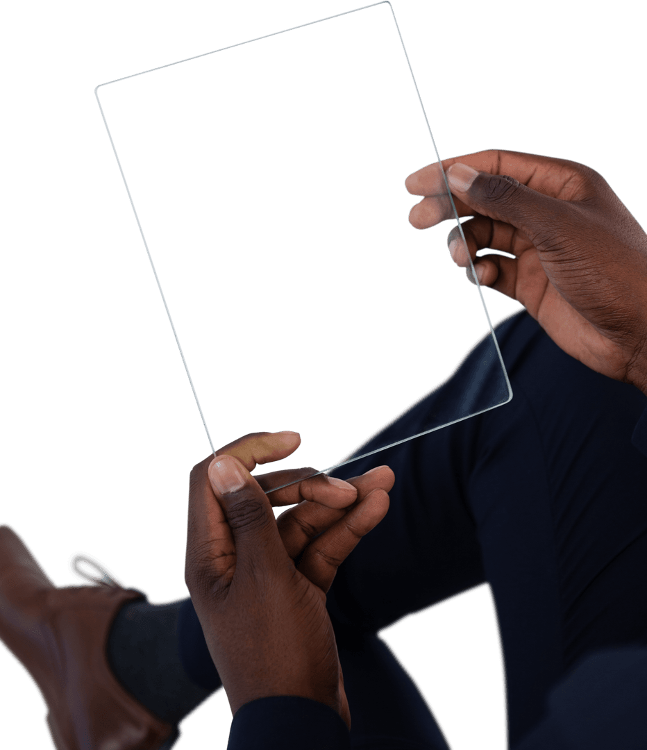 Businessman Holding Transparent Future Tech Glass Tablet