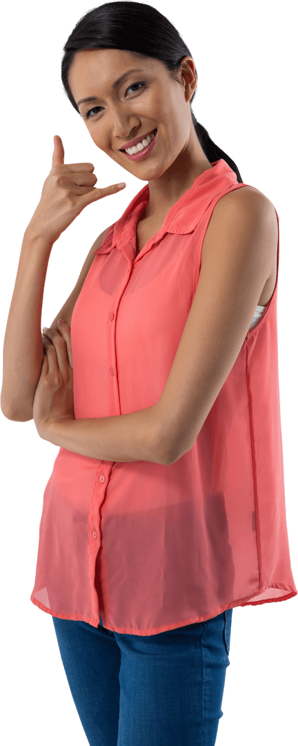 Smiling Woman Gesturing Call Me Hand Sign Transparent Background