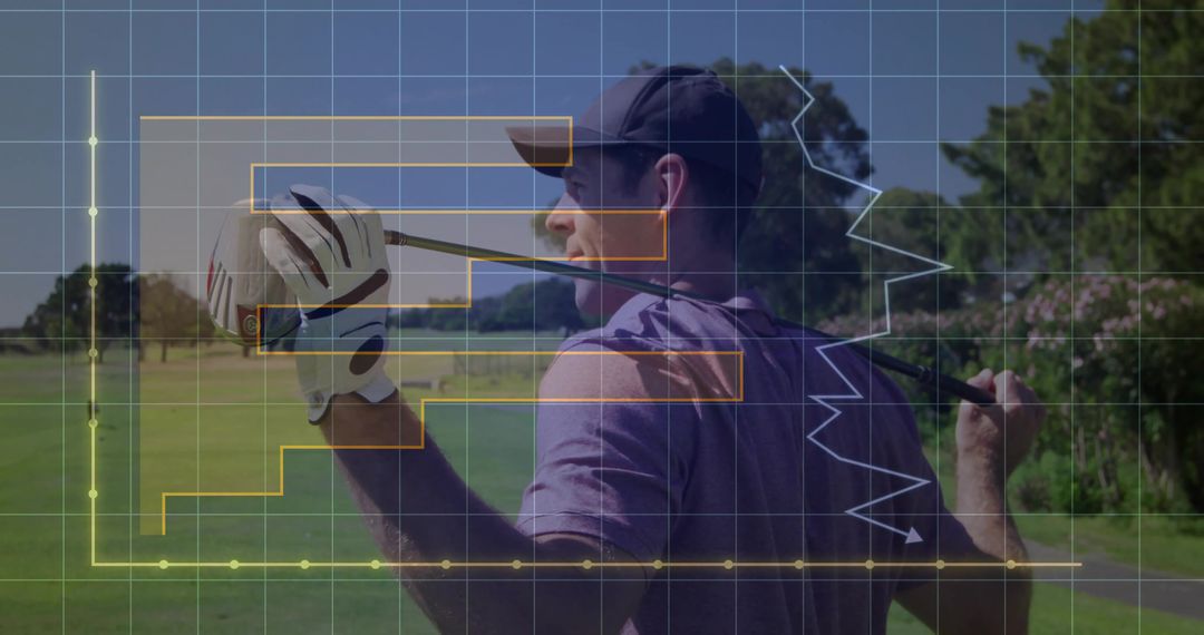 Golfer Analyzing Performance with Virtual Graphs in Sunny Course