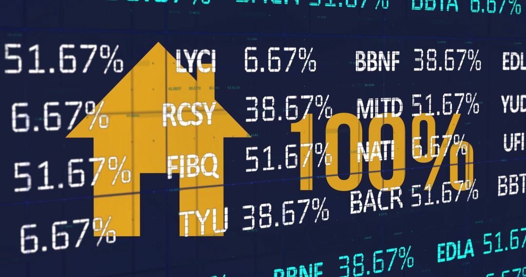 Digital Financial Dashboard with Stock Ticker and Rising Golden Arrow