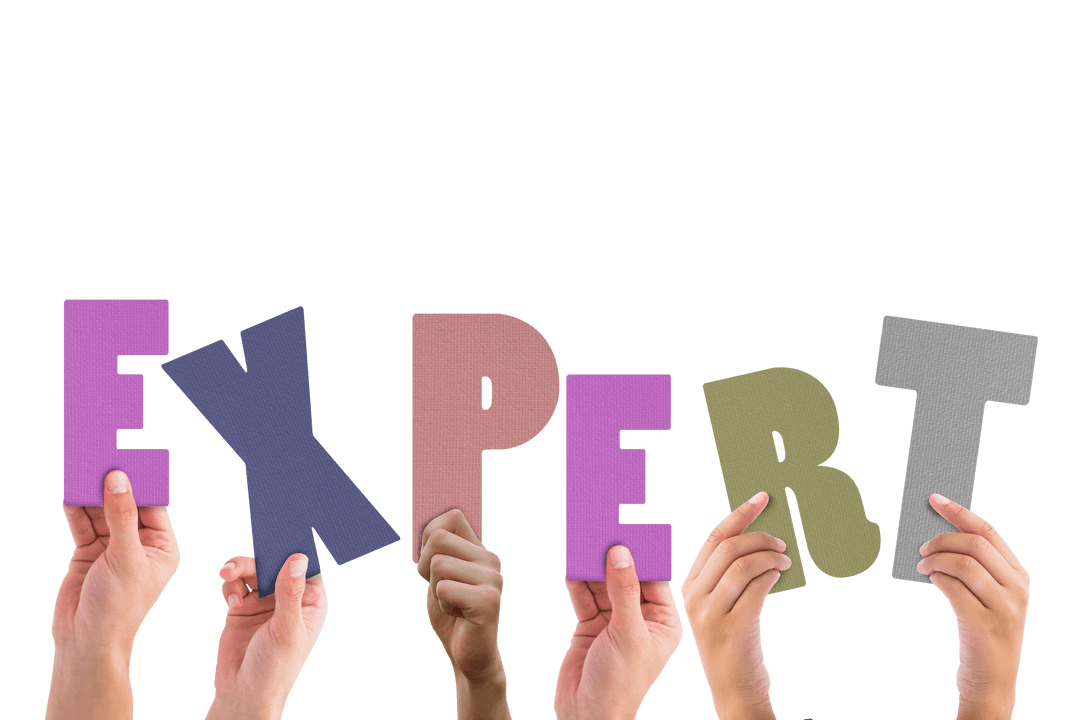 Hands Holding Letters Forming Expert on Transparent Background