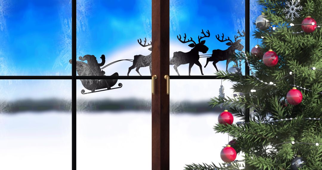 Santa Claus Silhouette in Sleigh with Reindeer by Christmas Tree