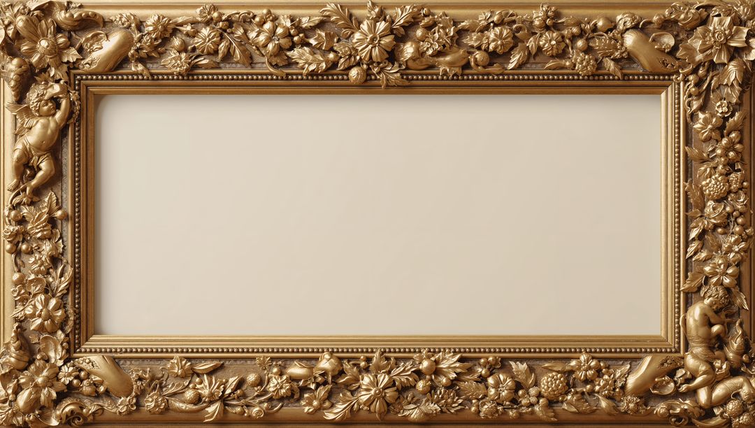 Ornate Gilded Rectangular Frame Featuring Cherubs, Acanthus Leaves and Fruit Carvings
