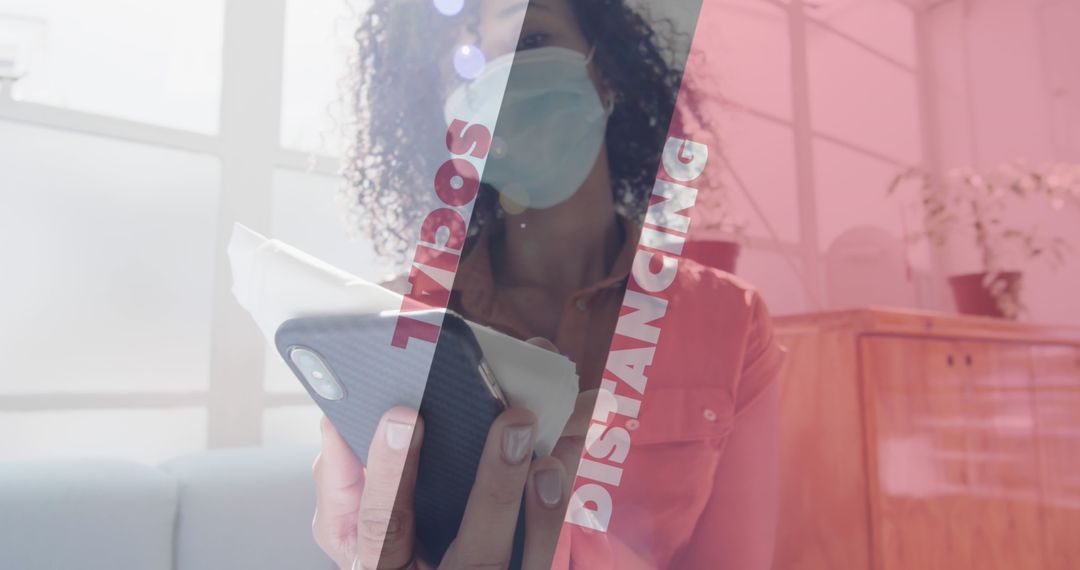 Woman Disinfecting Smartphone with Mask On Social Distancing Message