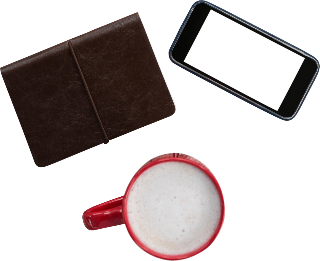 Transparent Coffee Cup with Phone and Closed Notebook