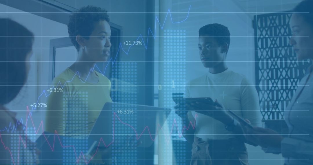 Business Team Discussing Strategies with Digital Finance Overlay