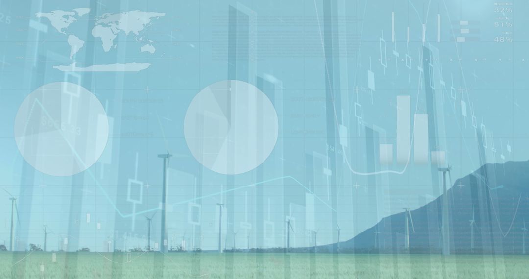Wind Turbines with Data Overlay and Mountain Backdrop