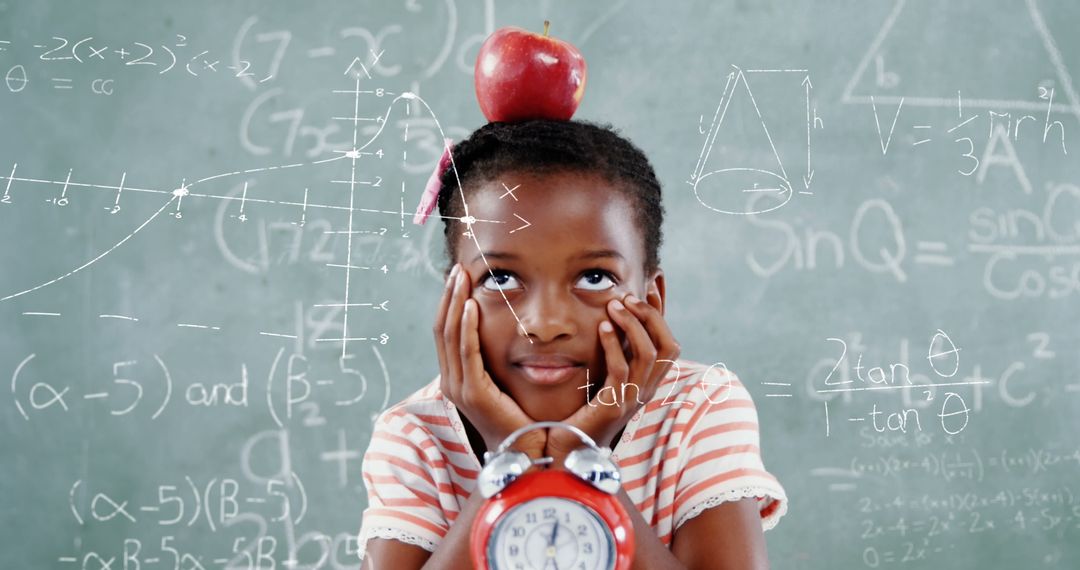 Thoughtful African American Girl in Classroom with Math Formulas
