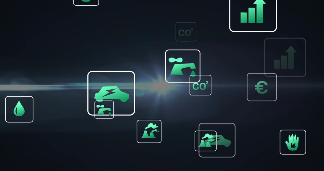 Neon green sustainability dashboard icons floating on dark UI for emissions energy analytics