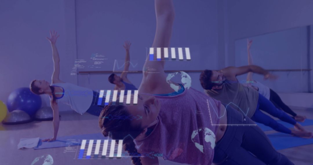 Fitness Class with Global Data Overlay Indicates Modern Health Trends