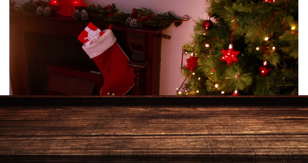Cozy Christmas Hearth with Rustic Wooden Foreground