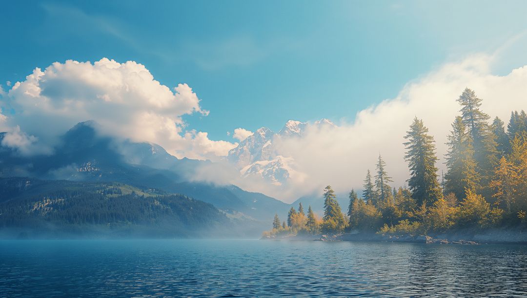 Misty Mountain Lake with Snow-Capped Peak and Forested Shoreline