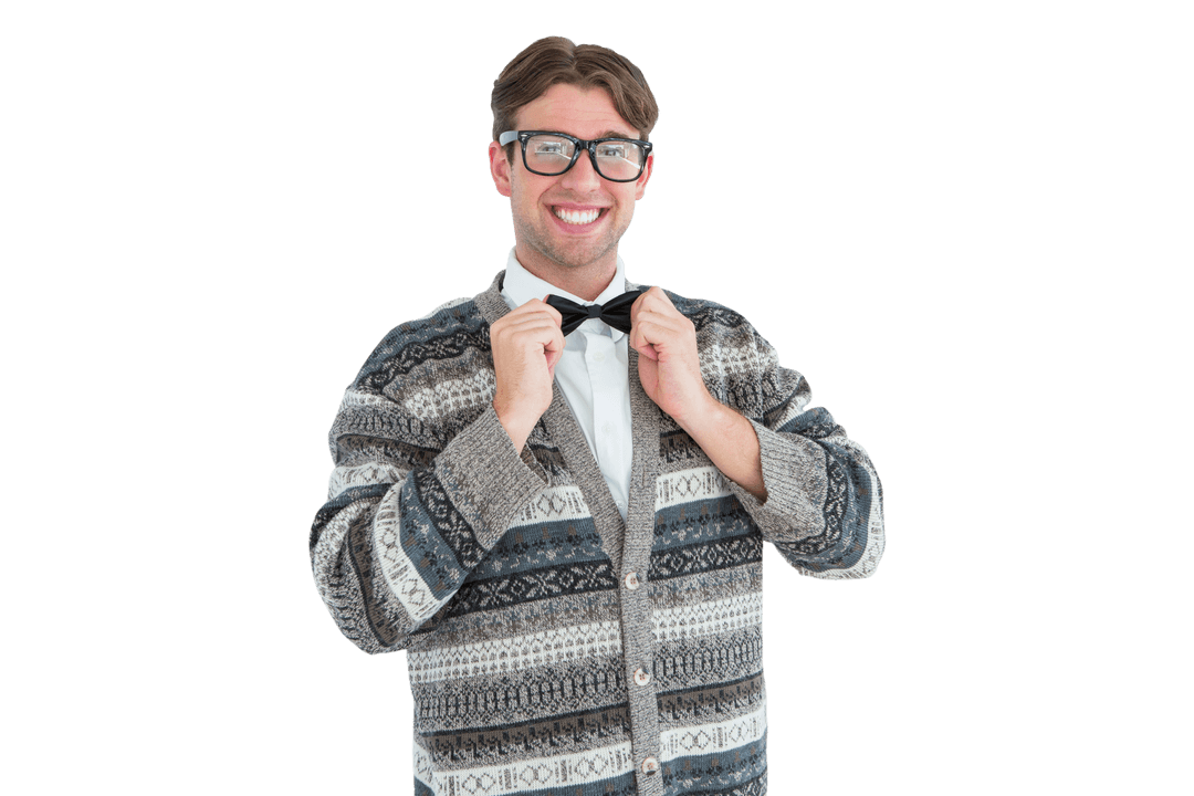 Transparent Happy Hipster Adjusting Bow Tie Enthusiastically