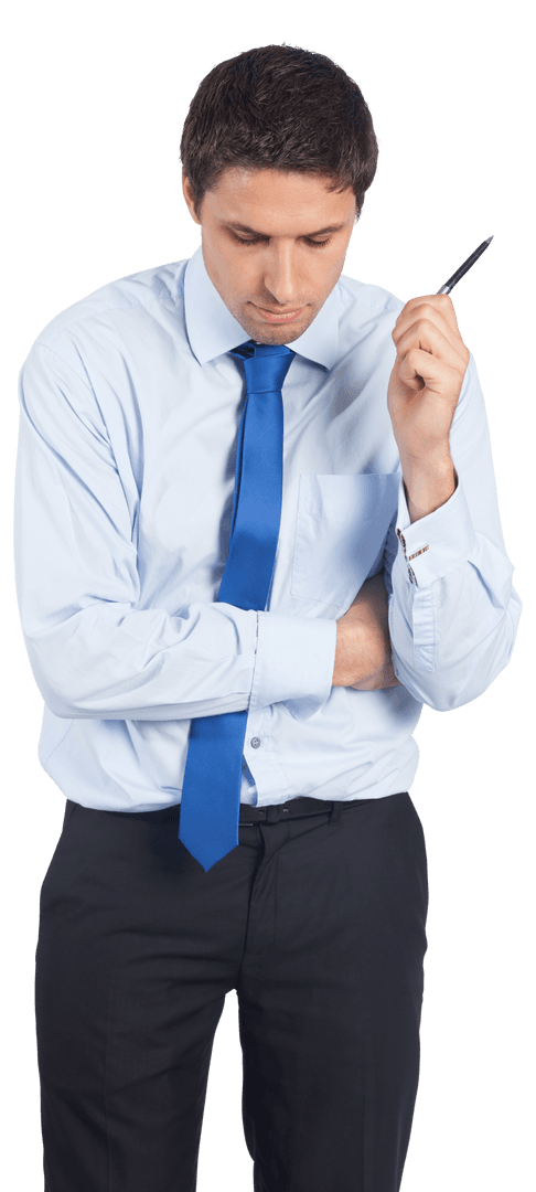 Thoughtful Caucasian Businessman Standing on Transparent Background
