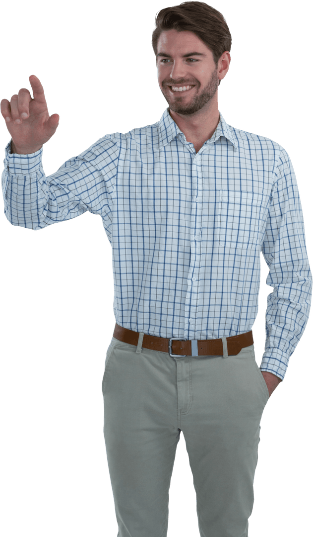 Smiling Man Interacting with Transparent Virtual Screen