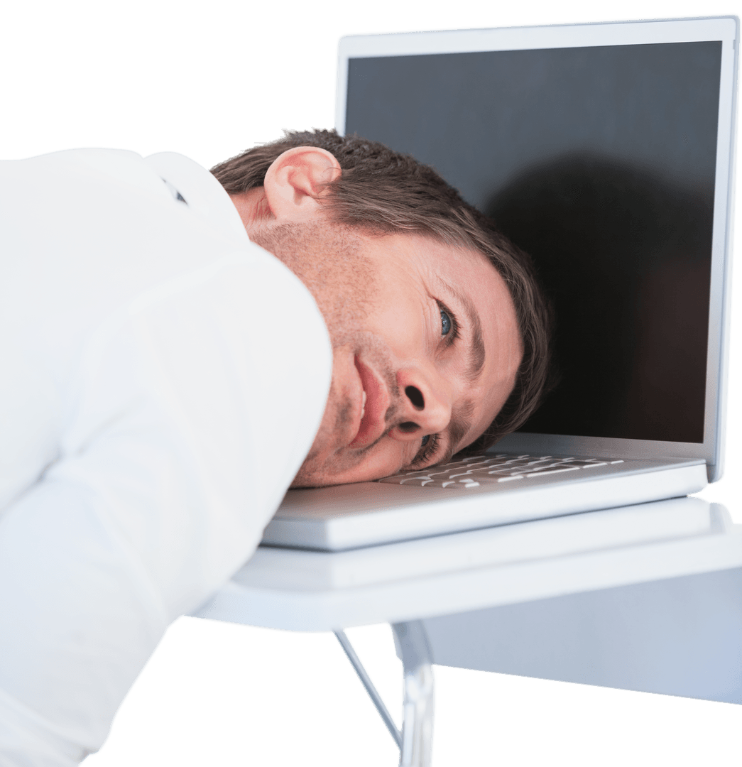 Overworked Businessman Resting on Laptop Looking Exhausted Transparent