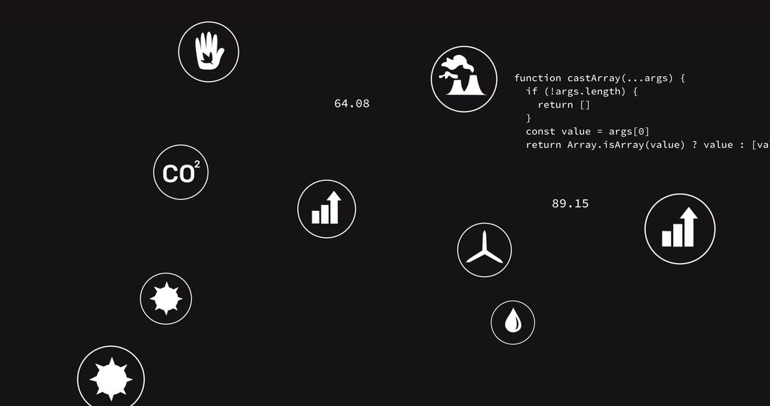 Dark Minimal Dashboard Showing CO2, Factory and Wind Turbine Metrics with Code Snippets
