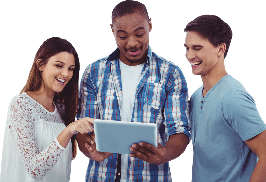 Transparent Enthusiastic Team Collaborating with Tablet Scene