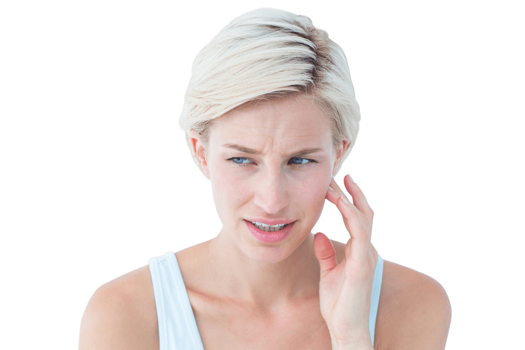 Woman with Tooth Pain Touching Jaw on Transparent Background