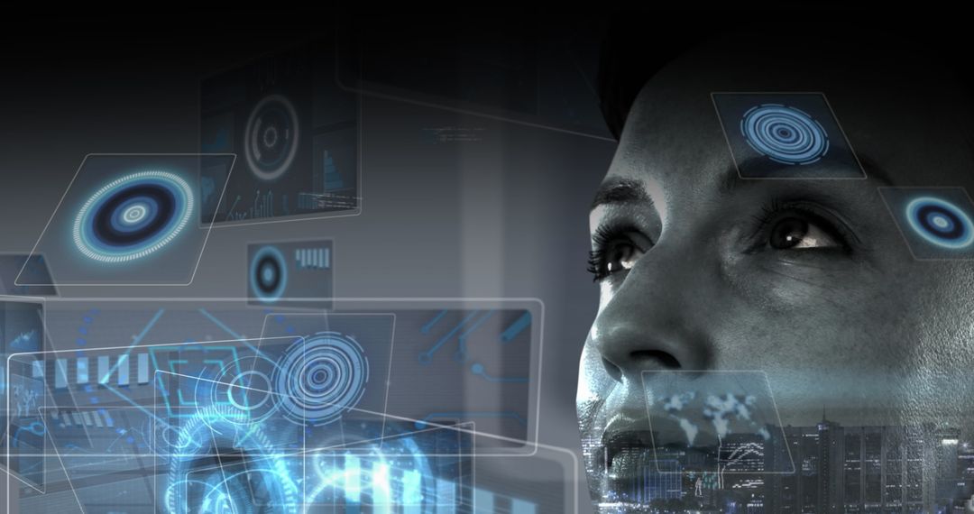 Woman Engaging with Digital Data and Technological Interfaces