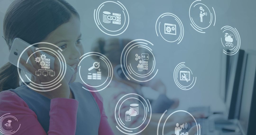 Young Student Interacting with Digital Technology Interface Icons