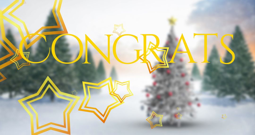 Festive Congrats Text with Golden Stars on Snowy Background
