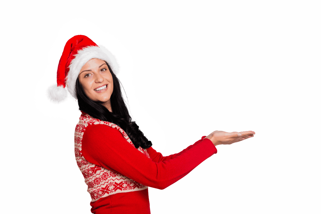 Festive Woman in Santa Hat Holding Transparent Copy Space