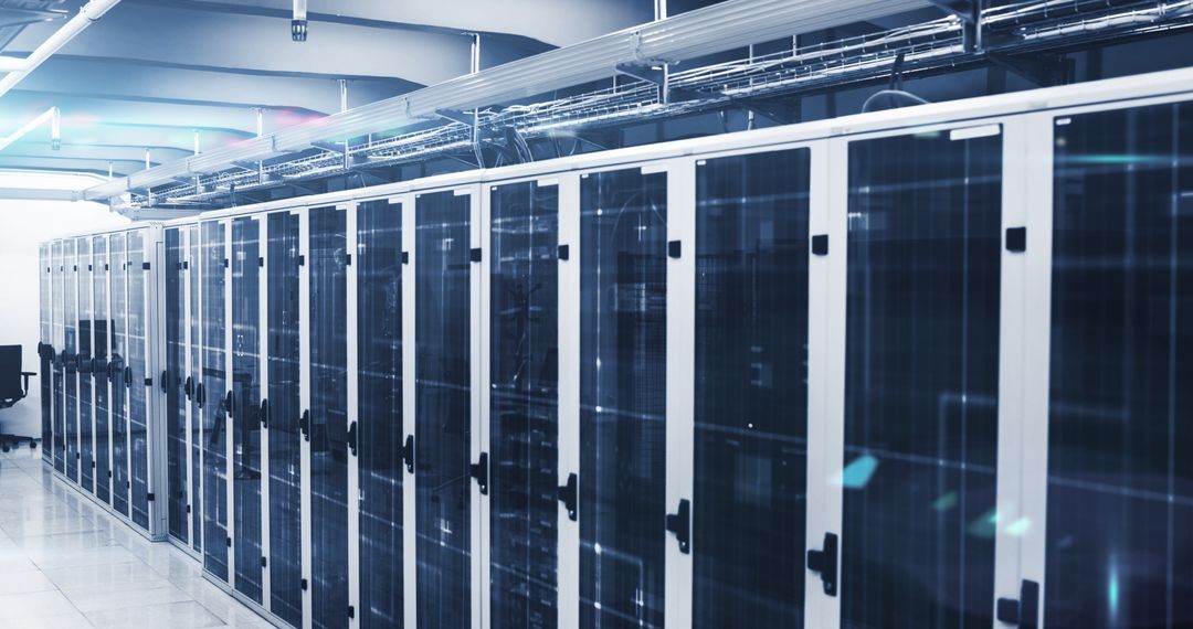 Digital Data Flow in Modern Server Room with Glowing Lights