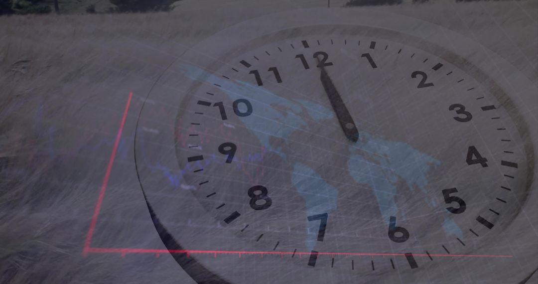 Analog clock overlaying world map in desaturated meadow with rising red chart line
