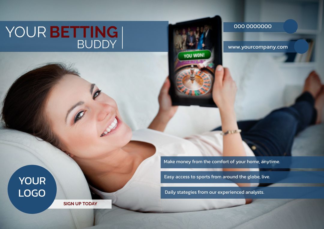 Smiling Woman Enjoying Online Betting on Tablet - Download Free Stock Templates Pikwizard.com