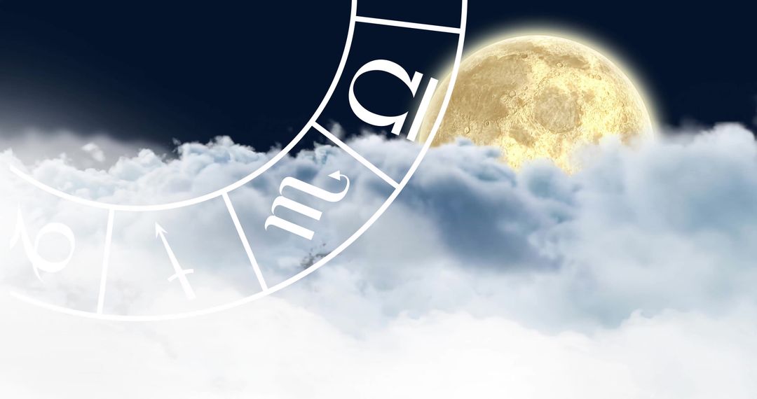 Zodiac Wheel and Moon in Cloudy Sky