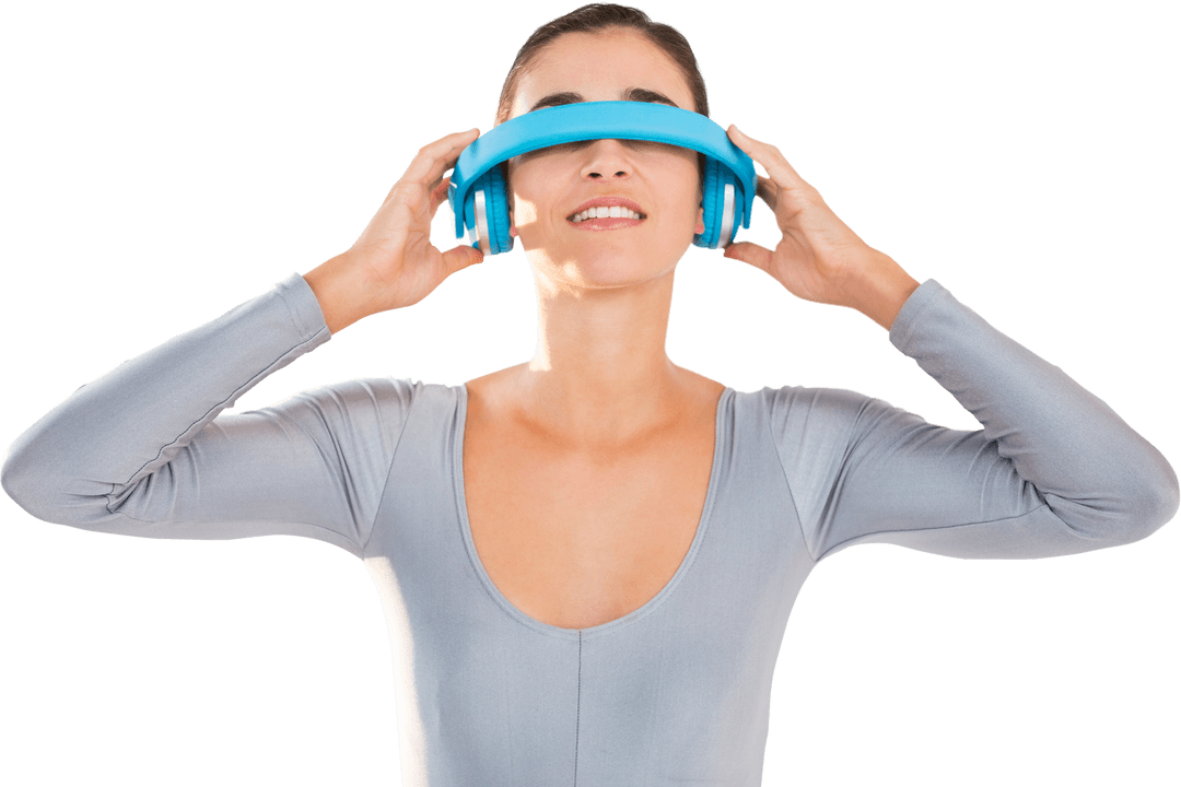 Smiling Woman Experiencing Virtual Reality with Transparent Headset