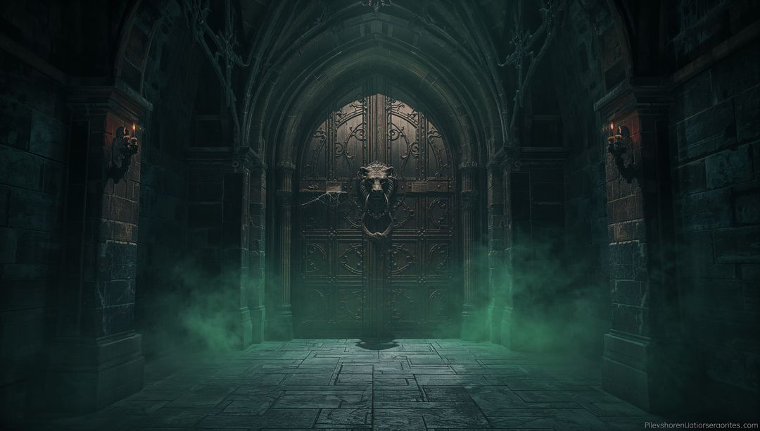 Mysterious Medieval Gothic Hall with Lion-Head Door Knocker