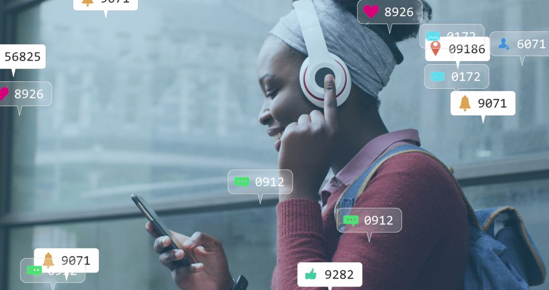 Smiling Woman Engaged with Social Media Networked World