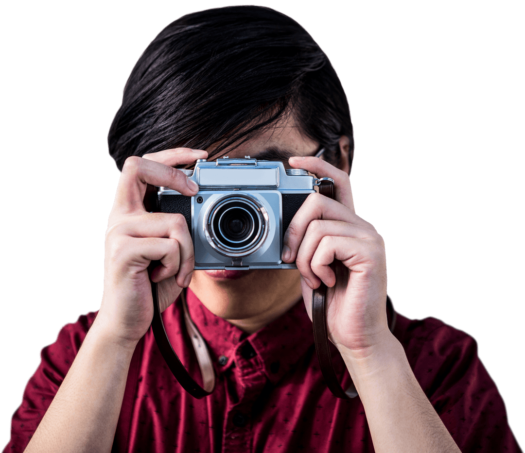 Hipster Photographer Using Vintage Camera on Transparent Background