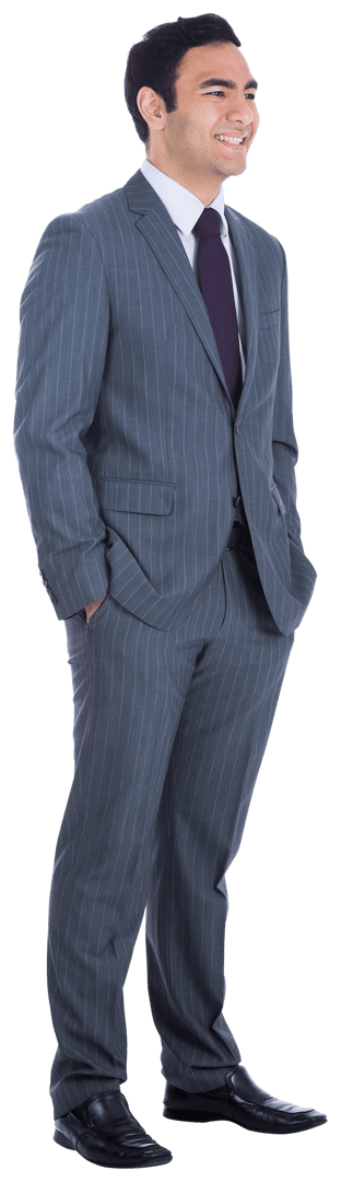 Happy Biracial Businessman in Suit, Hands in Pockets, Transparent Background